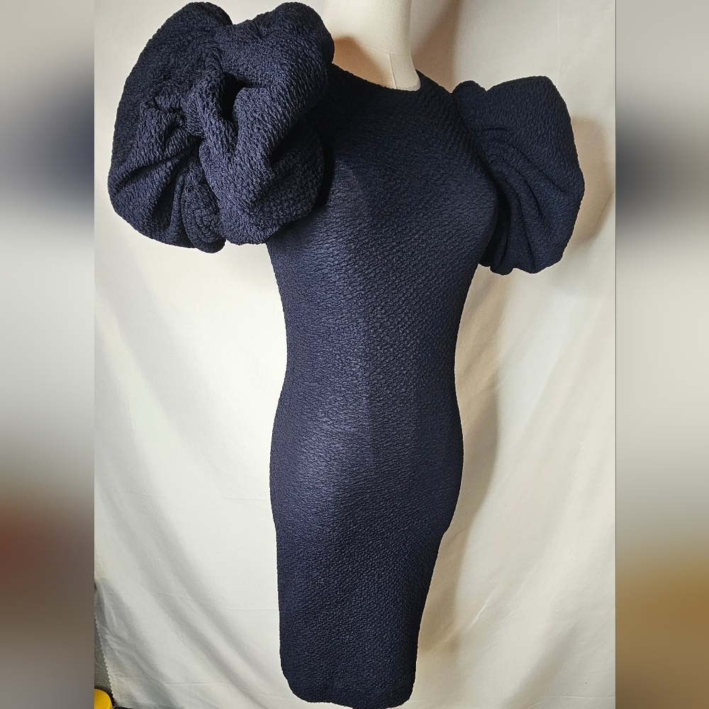 Rotate Birger Christensen Ruby Puff-Sleeve Mini Dress in Navy Blue Polyester - Picture 9 of 15